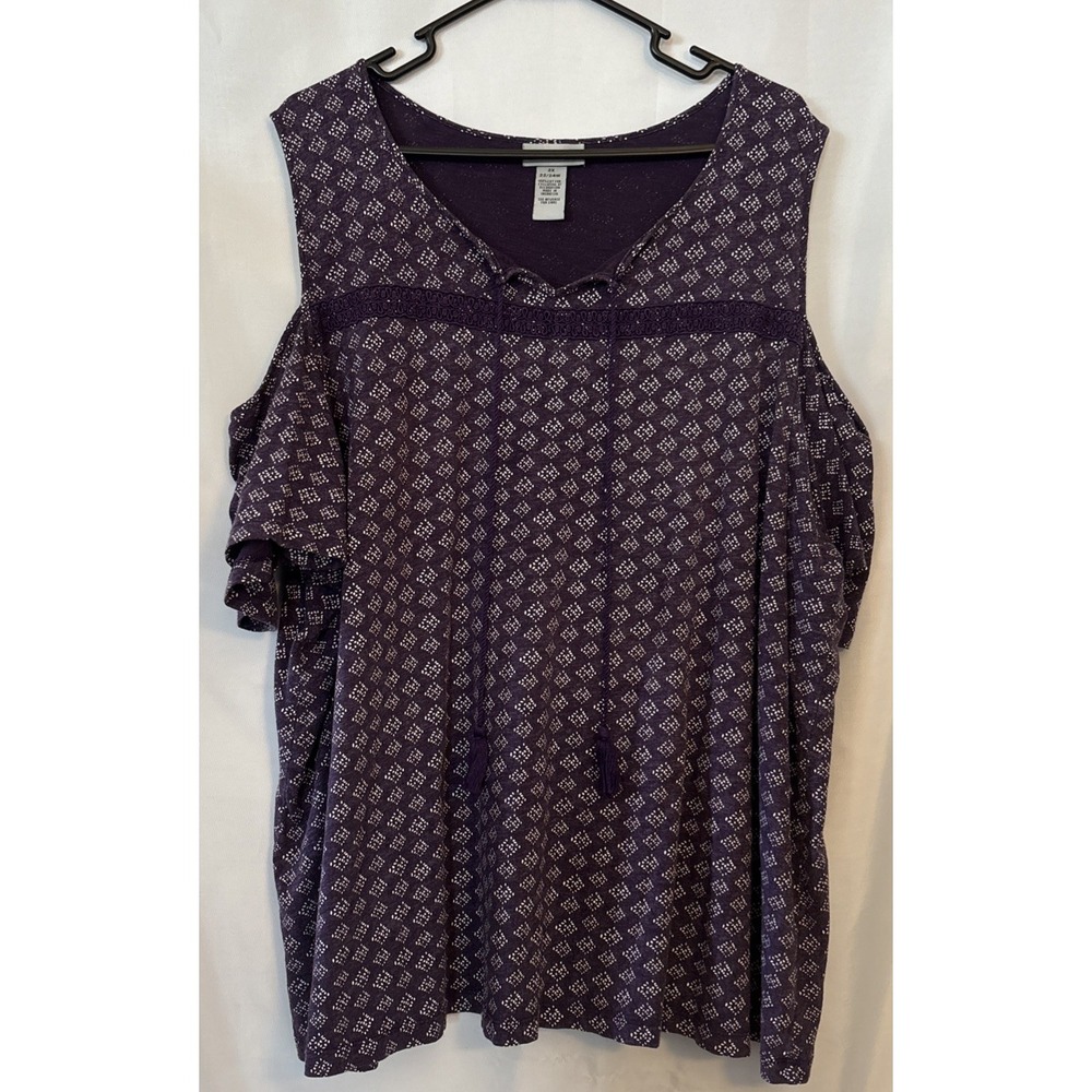 CATHERINES Size 2X Women's Blouse Purple Geo Cold Shoulder Tassels Boho Peasant